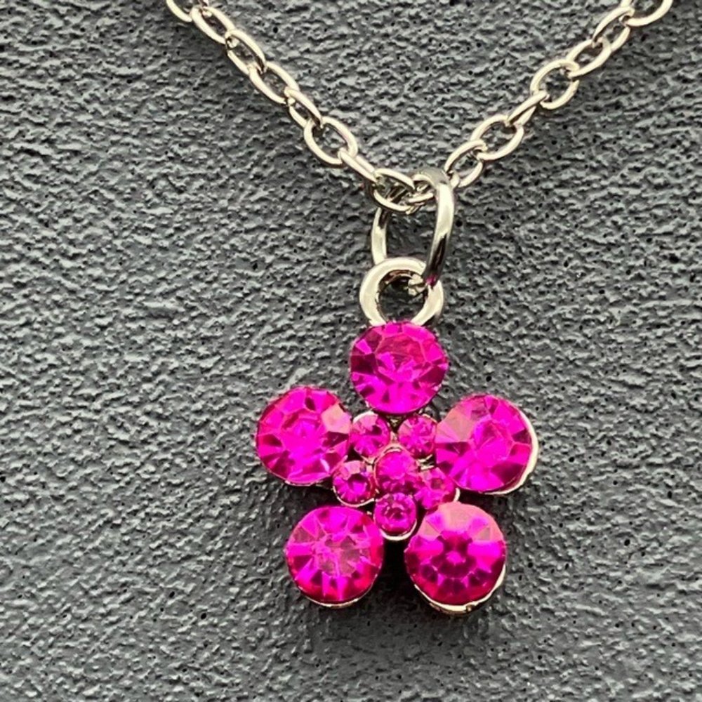 Choker Necklace Black Lace Pink Rhinestone Flower Silver Chain Barbie Retro Glam - Picture 4 of 10